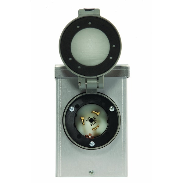 50 Amp Power Inlet Box, 125/250V, aluminum, NEMA CS6365 with spring-loaded flip lid on front